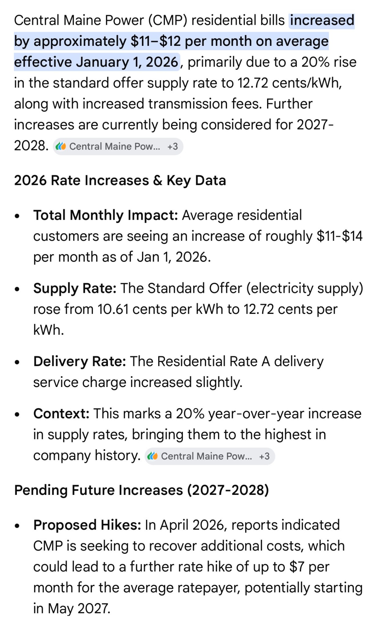 Summary screenshot describing CMP residential bill increases beginning January 1, 2026.