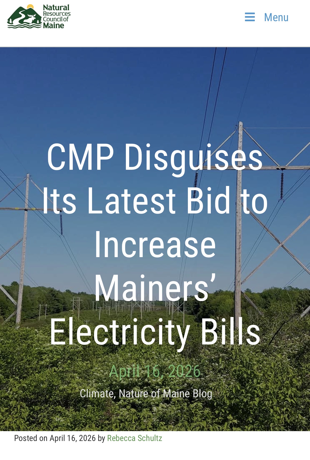 Natural Resources Council of Maine blog headline about CMP disguising a bid to increase electricity bills.
