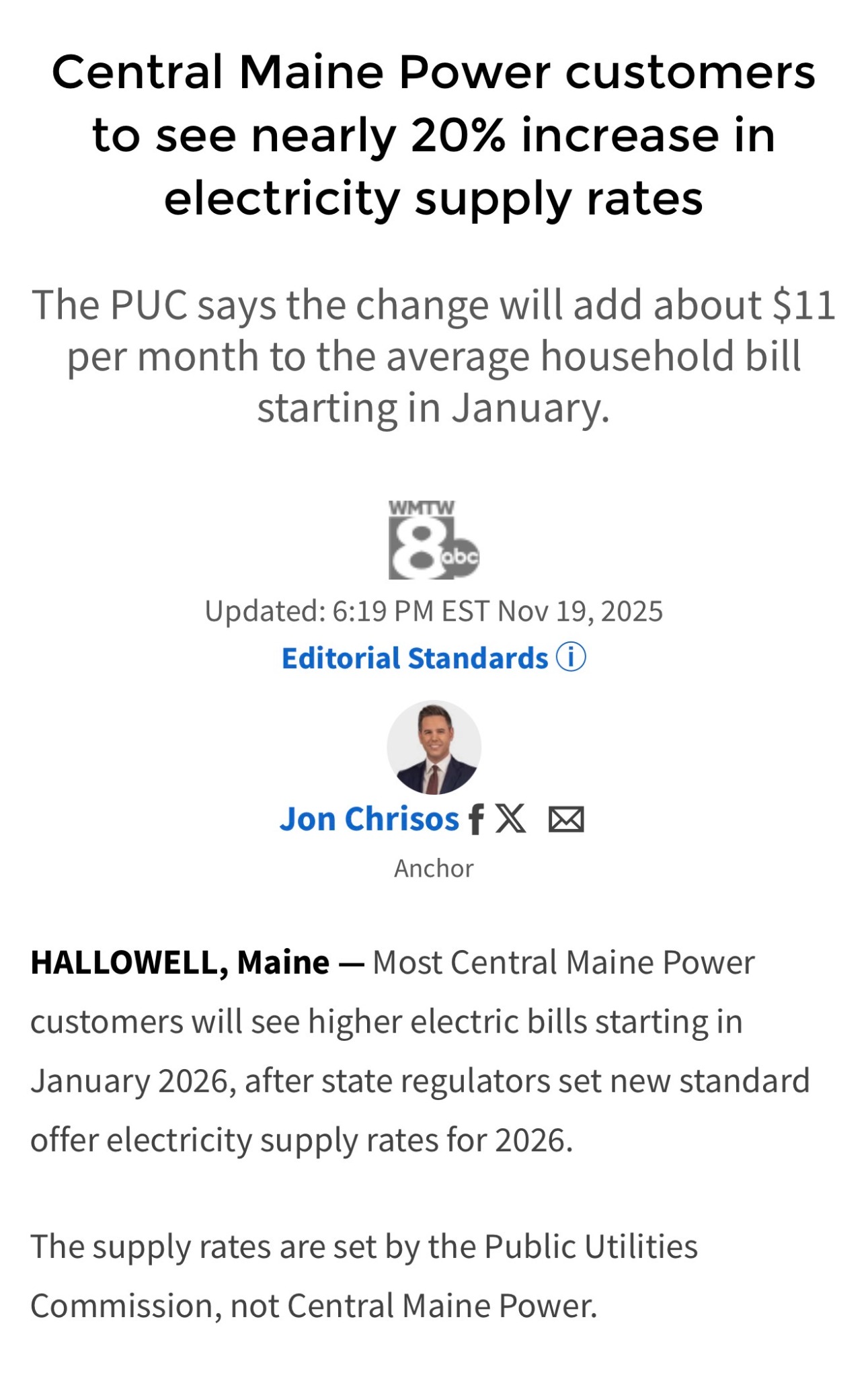 Headline about CMP customers seeing a nearly 20 percent increase in electricity supply rates.