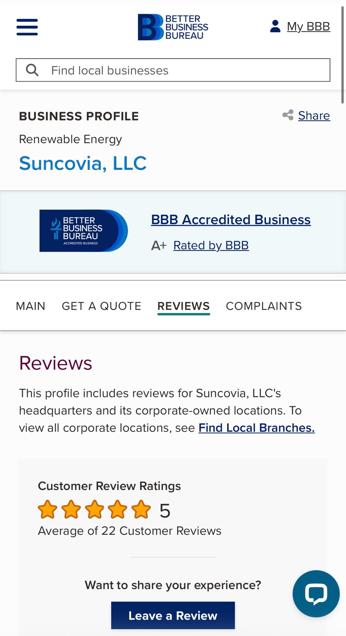 Suncovia Better Business Bureau profile showing A+ rating and customer reviews.