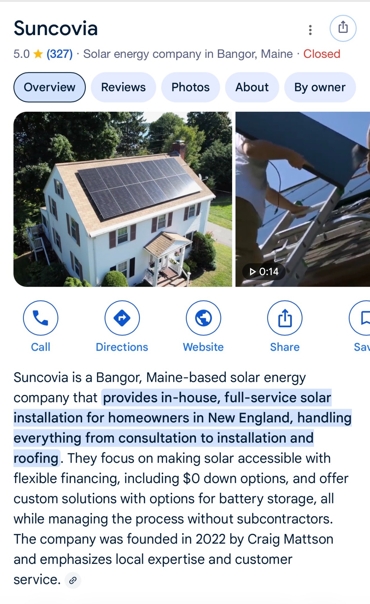 Suncovia Google business profile showing a 5.0 rating and homeowner-facing company details.