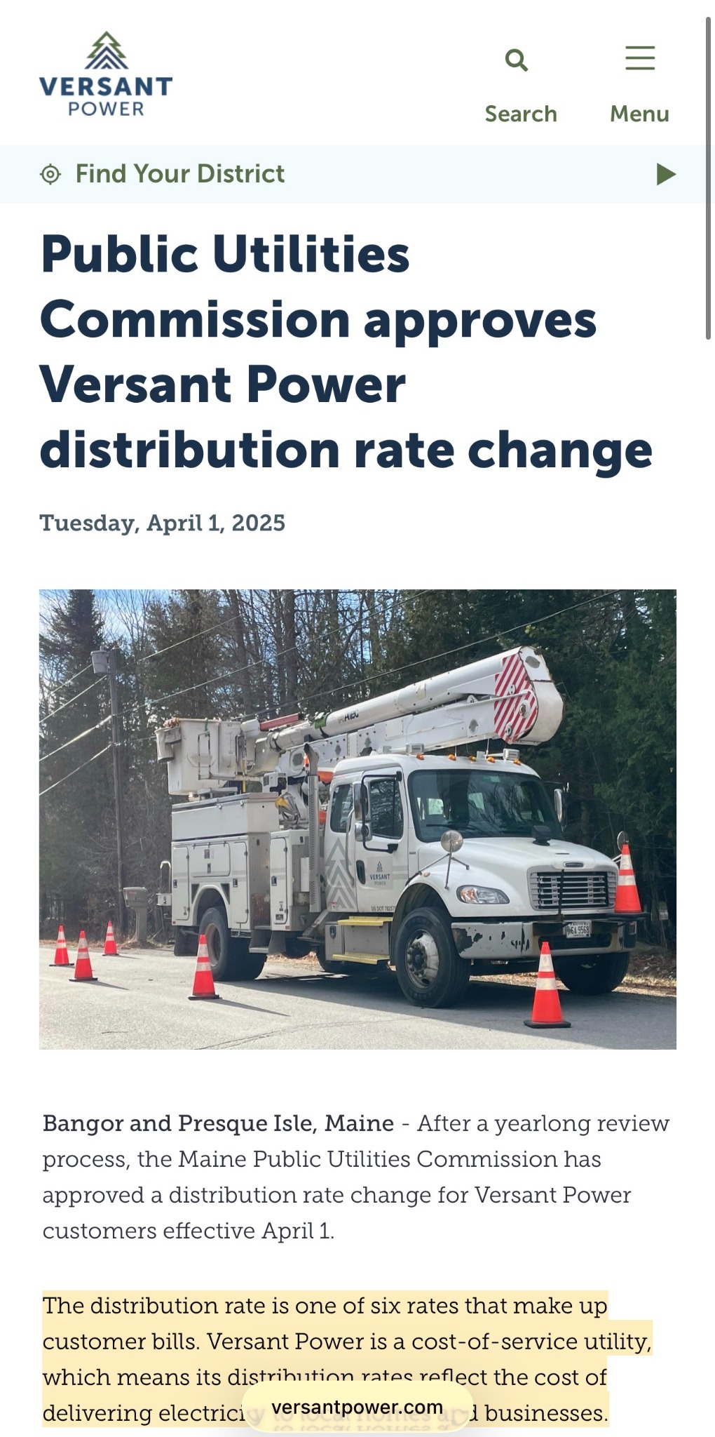 Versant public notice about approved distribution rate changes in 2025.