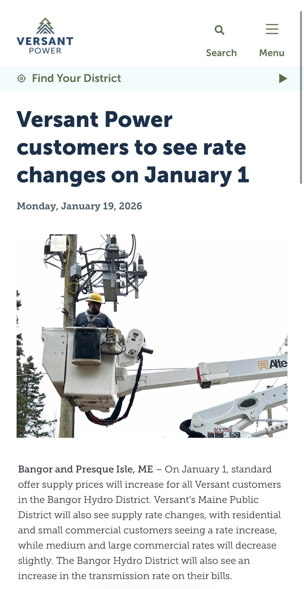 Versant public rate update notice.
